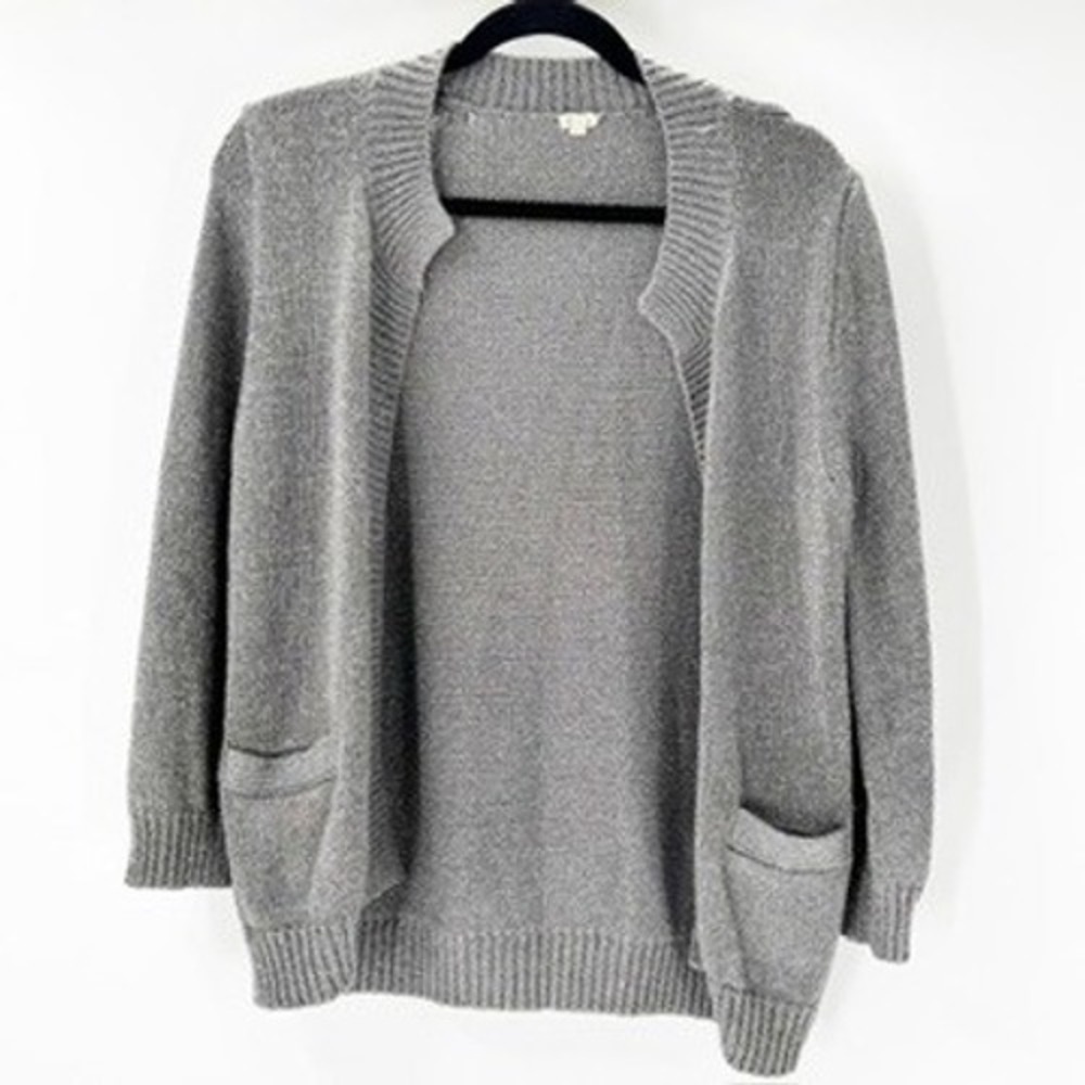 J.Crew Womens Silver Metallic Open Front Cardigan Sweater‎ Size M Pockets Ribbed